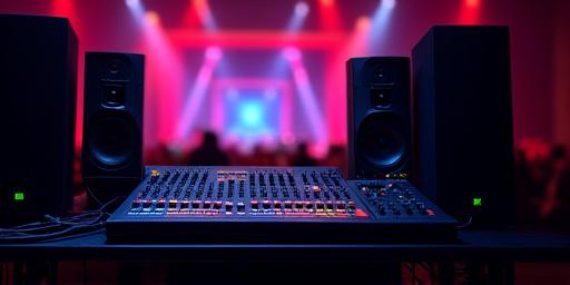 A professional sound system with speakers and a mixing board set up for an event.