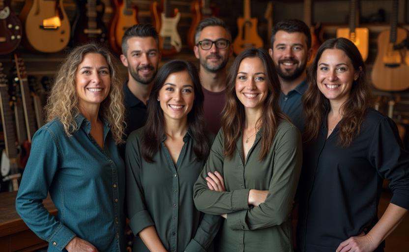 The friendly team of Cosmic Chords posing together in the store.
